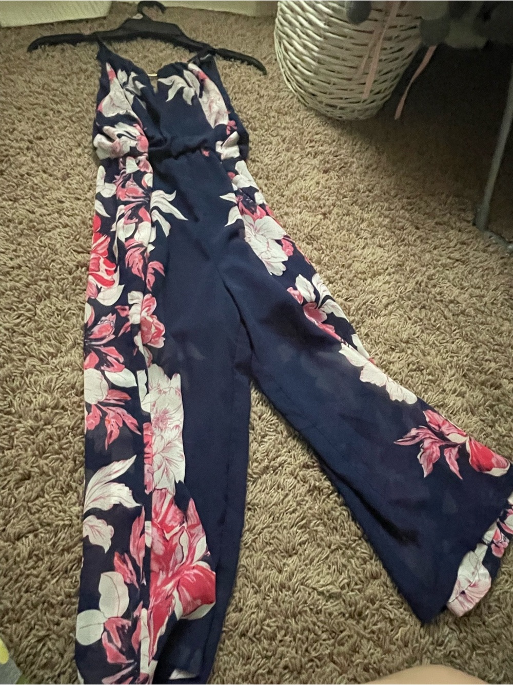 Sequin Hearts Navy Jumpsuit with Pink & White Floral Print